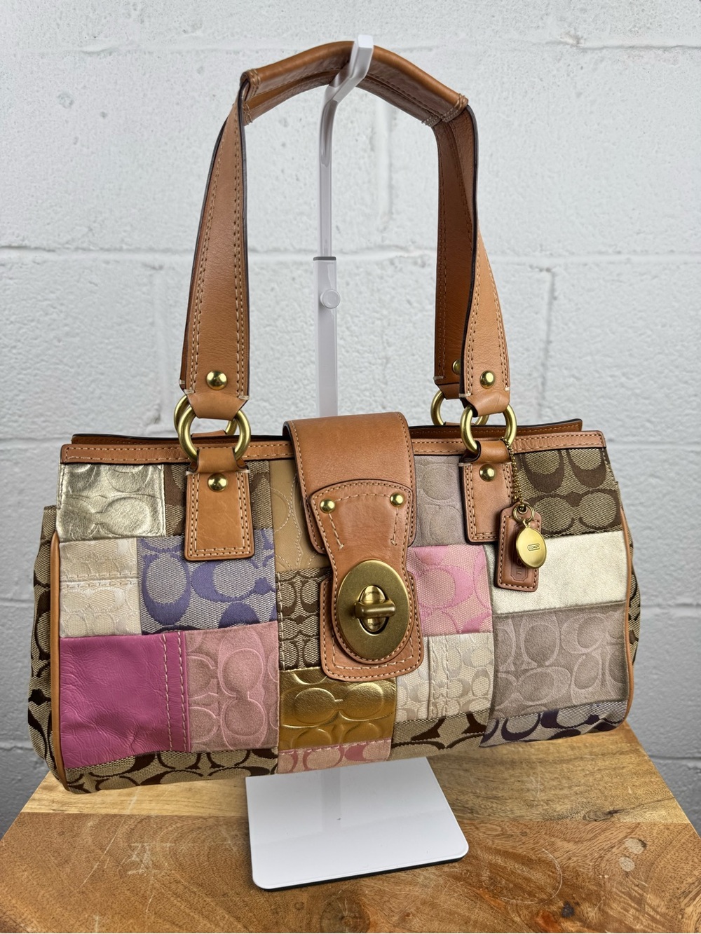 Coach Patchwork Signature Satchel Shoulder Bag Y2K Pink Gold Rare Viral